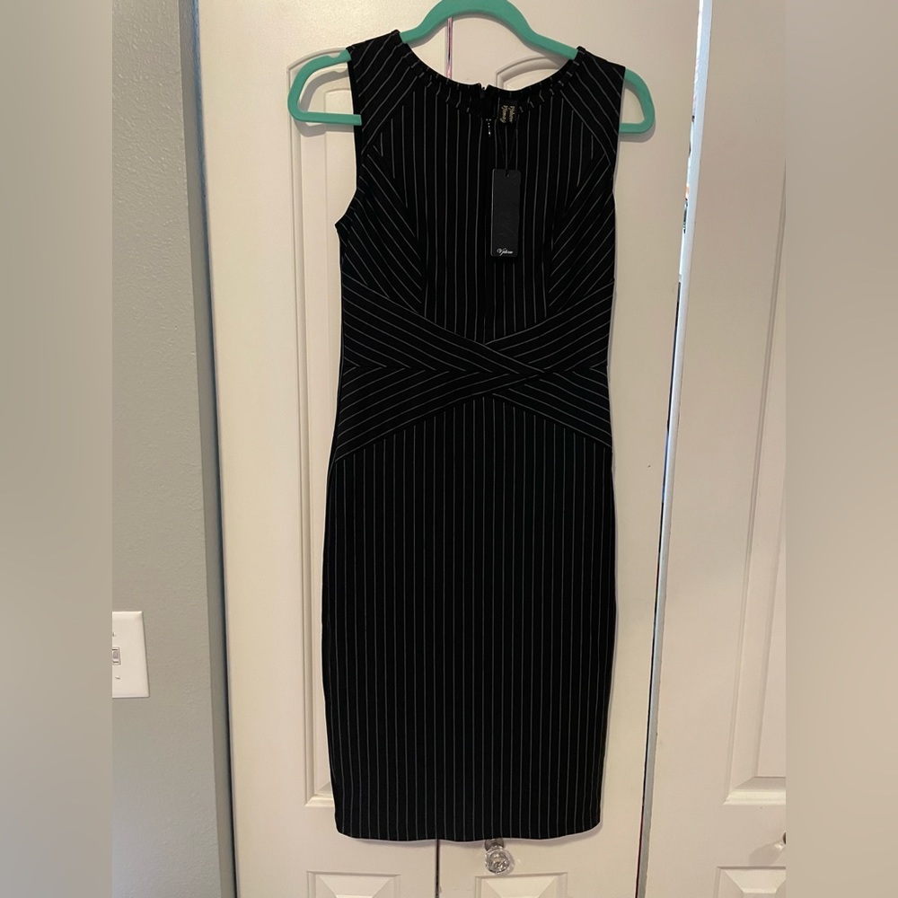 Vfshow front zipper work dress pinstripe black and white